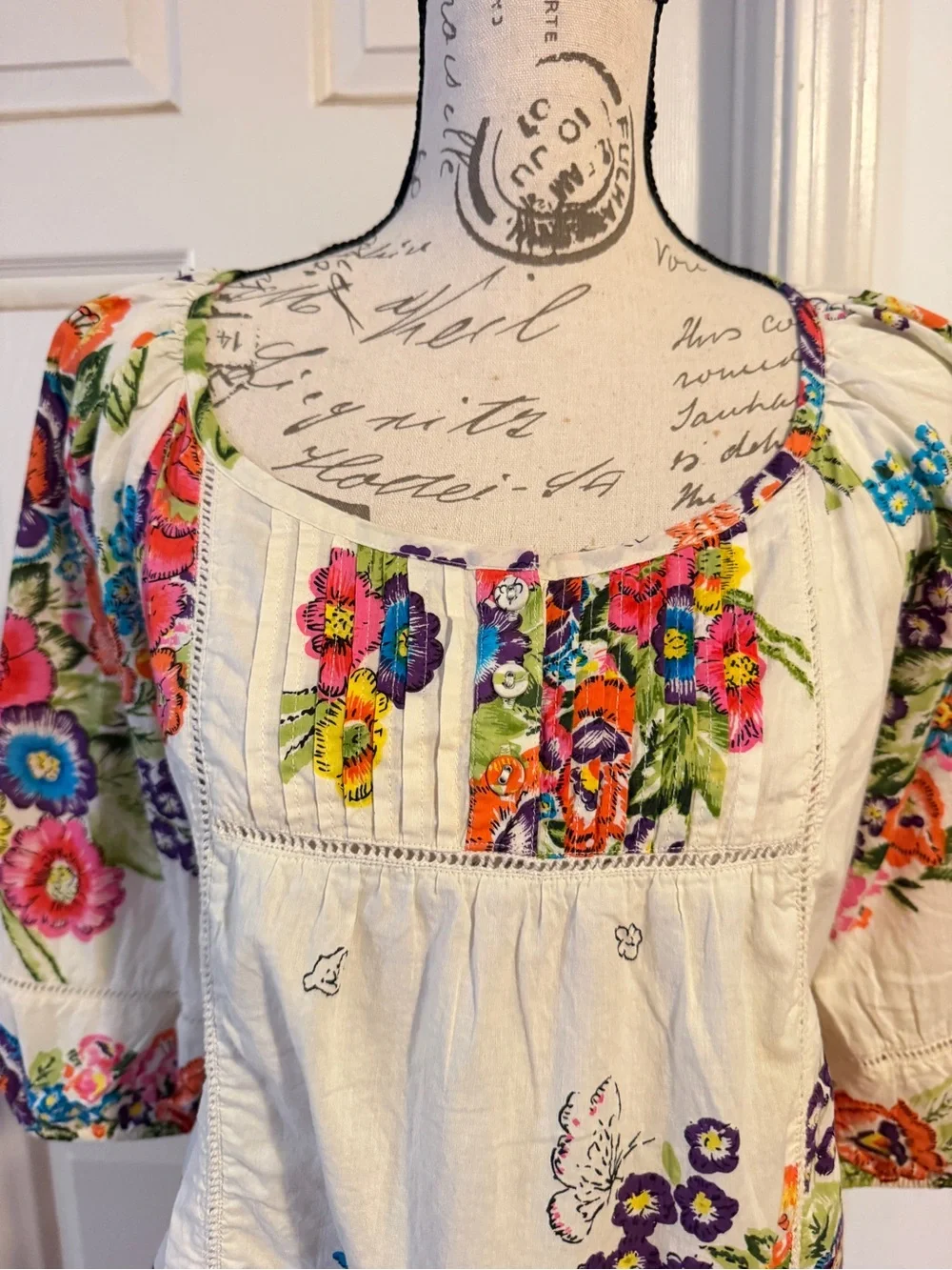 Anthropologie Cream Peasant Blouse with Bright Floral Print